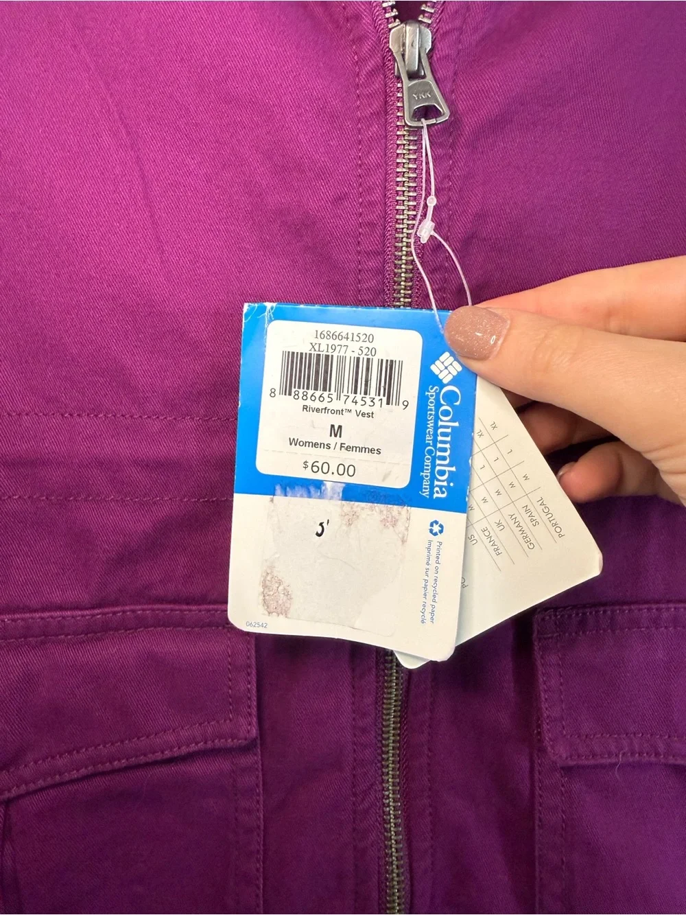 NEW Columbia Purple Full Zip Cotton Canvas Riverfront Utility Vest, size M